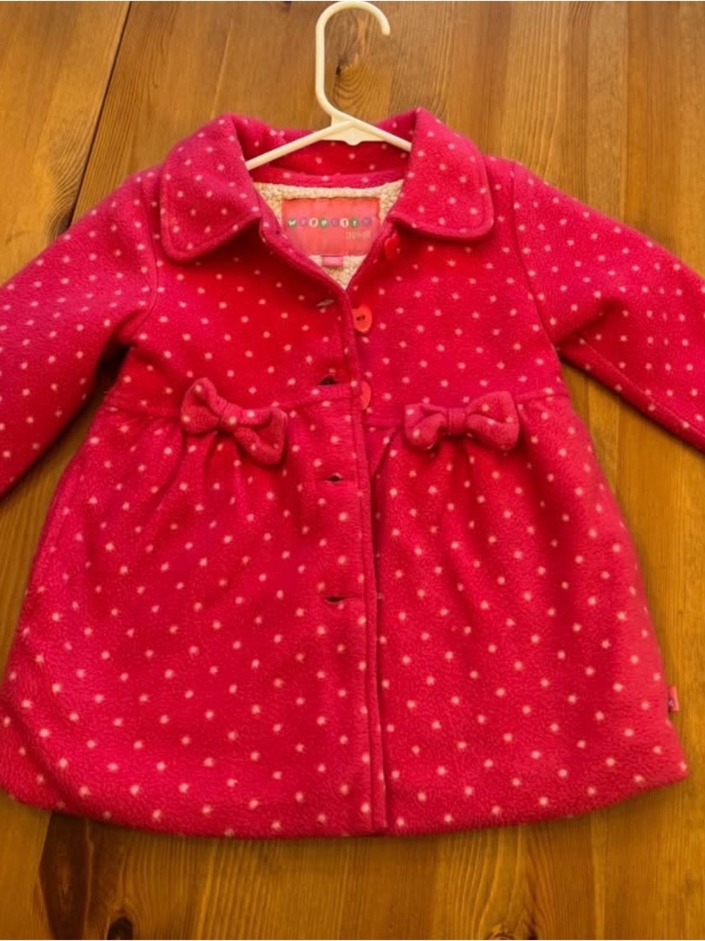 Girls' Bright Pink Polka Dot Pea Coat with Bow Details